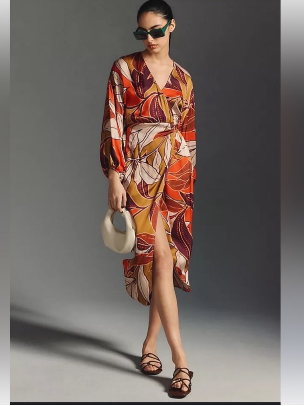Anthropologie Floral Tropical Earth Tones Printed Midi Dress Large NWOT